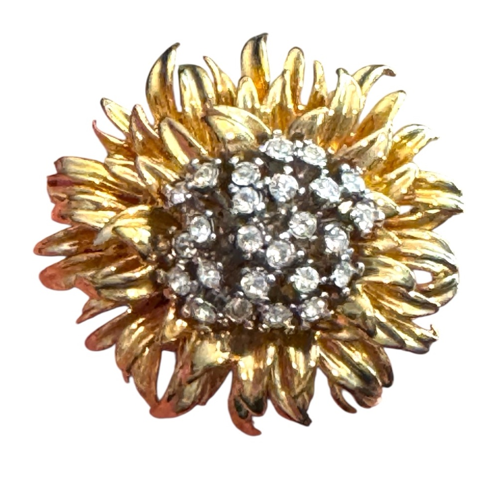 Vintage Erwin Pearl RARE Gold Rhinestone Floral Brooch Statement Mid Century